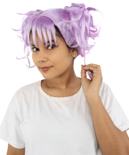 HPO Adult Women’s Messy Twin Bun Wig with Graphic Bangs | Multiple Color Options | Edgy Wig for Cosplay, Fashion Events, Halloween & Stage Wear | Adjustable Cap, Lightweight Synthetic Fiber