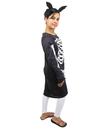 HPO Women's Halloween Skeleton Black & White Costume - Funny Long Sleeve Midi Dress, Black