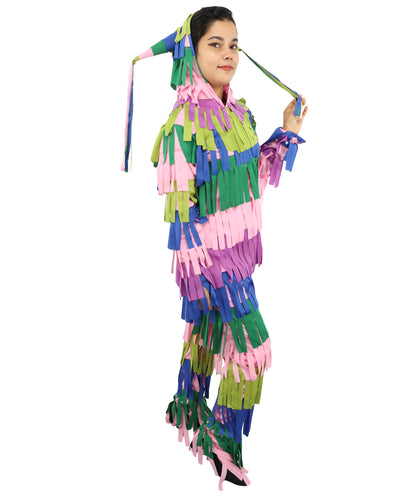Bright Multicolored Pinata Jumpsuit Costume | Adult Funny Striped One-Piece with Fringe Details | Playful Outfit for Halloween, Cosplay, Parties & Festivals