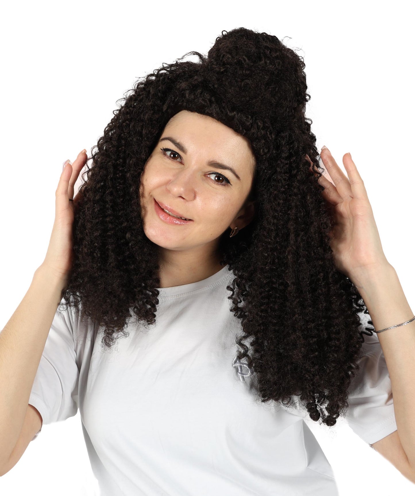 HPO Adult Women’s Voluminous Medium Brown Curly Half-Up Wig | Halloween and Cosplay Wig | Flame-retardant Synthetic Fiber
