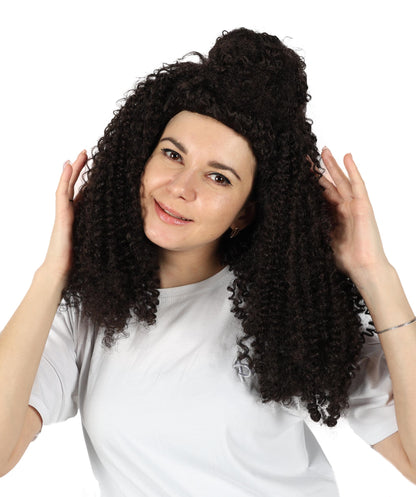 HPO Adult Women’s Voluminous Medium Brown Curly Half-Up Wig | Halloween and Cosplay Wig | Flame-retardant Synthetic Fiber