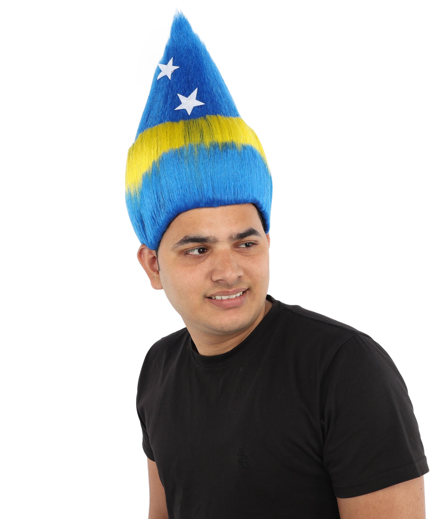HPO Unisex Curacao Flag Multicolor Troll Wig | 15 Inch Upright Spiked Texture Breathable Fit | Sports Event National Holiday Parade Soccer Match Fan Gear