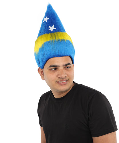 HPO Unisex Curacao Flag Multicolor Troll Wig | 15 Inch Upright Spiked Texture Breathable Fit | Sports Event National Holiday Parade Soccer Match Fan Gear