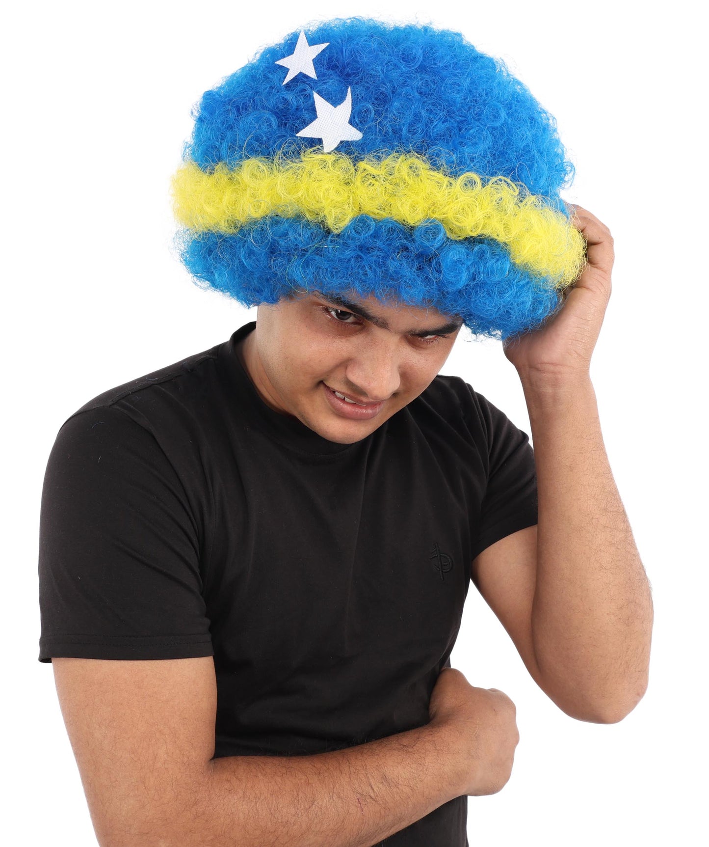 HPO Curacao Flag Afro Wig | 11 Inch Blue Yellow Stripe White Stars Design | Sports Event National Holiday Parade Soccer Match Fan Gear