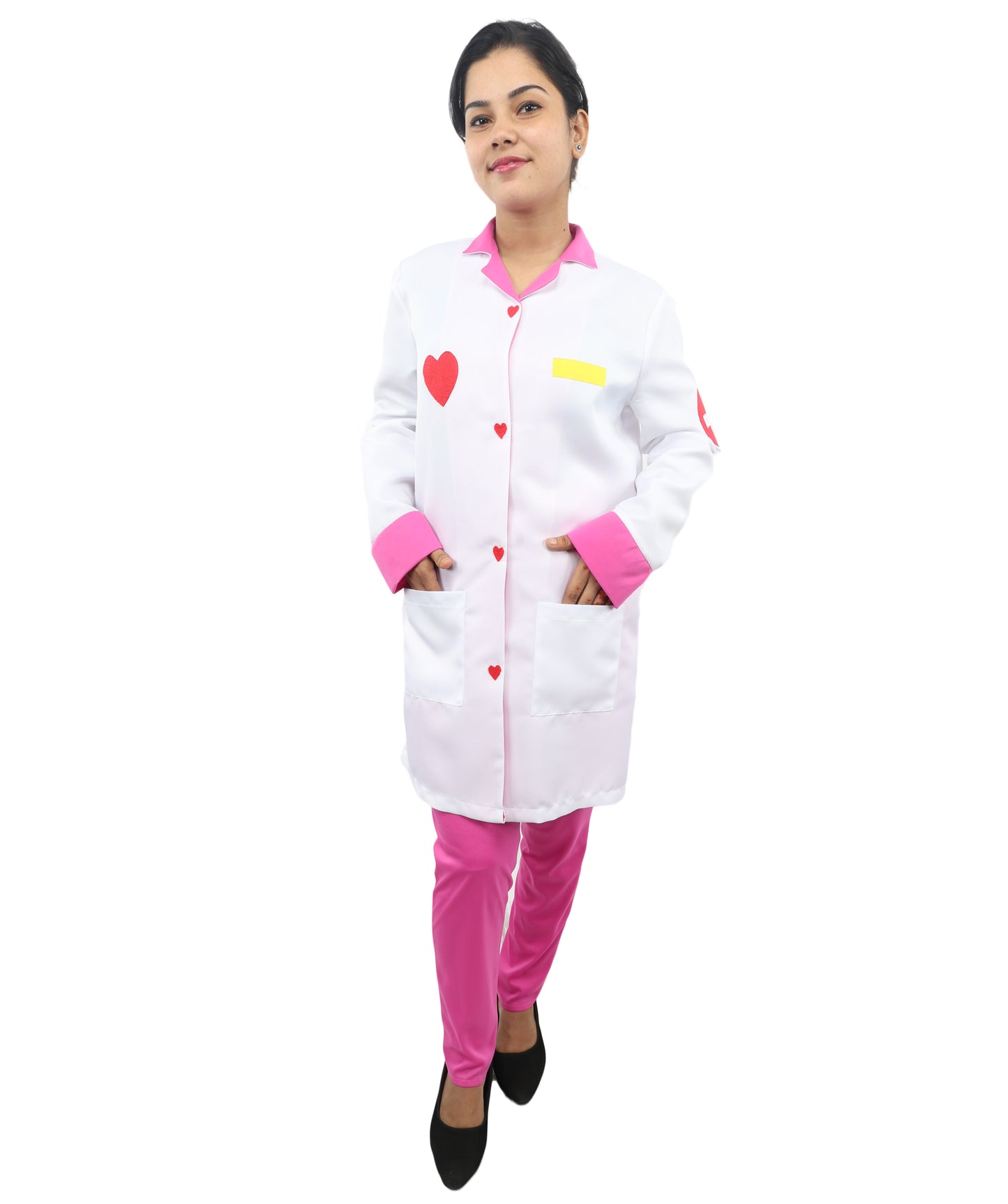 HPO Women’s Healthcare Roleplay White & Pink Costume Set | Medical Theme Coat with Patches | Visual styling for Cosplay Events, Parties