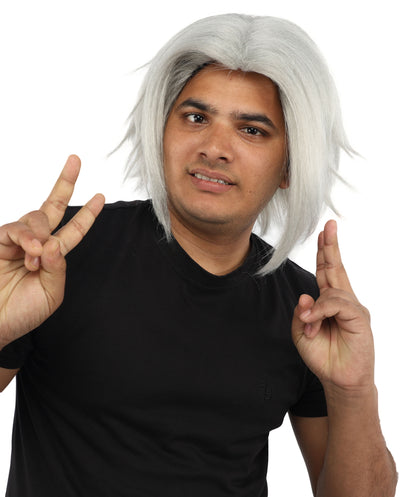 HPO Men's Two Tone Black & White Layered Anime Hair | Frosted Tips Messy Style, Natural Matte Finish, Adjustable Interior Net & Durable Strands | Carnival, Dress Up, Fantasy Conventions, Theater & Photo Shoots
