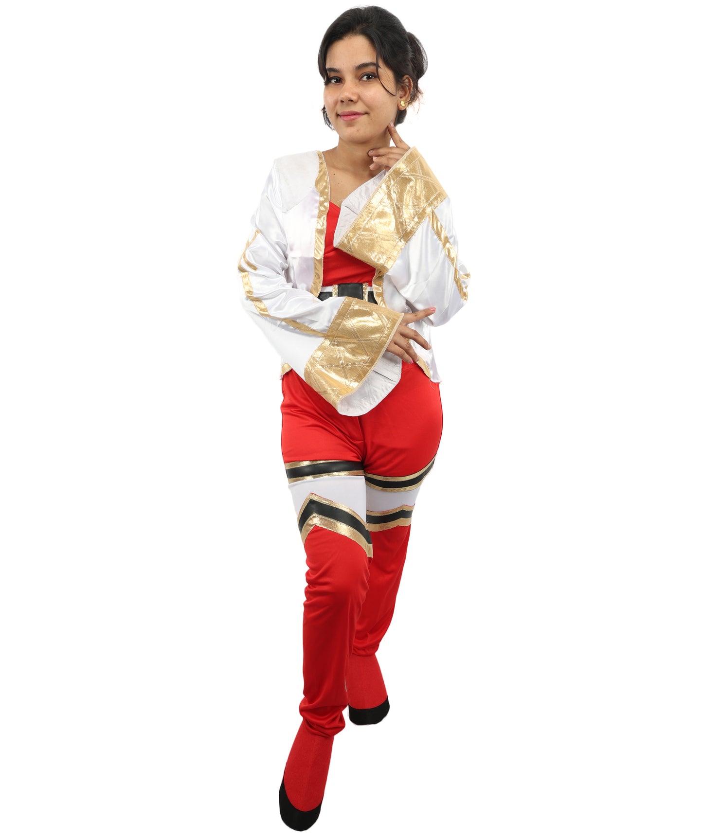 HPO Women's Anime Warrior Fashion Suit | Vibrant red and white jersey satin construction featuring a body, pant, koti, and leg socks | Ideal for party, Halloween, cosplay, theater, drag, performance, costume events