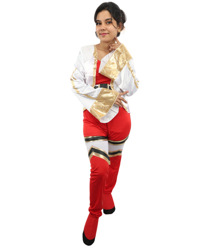 HPO Women's Anime Warrior Fashion Suit | Vibrant red and white jersey satin construction featuring a body, pant, koti, and leg socks | Ideal for party, Halloween, cosplay, theater, drag, performance, costume events