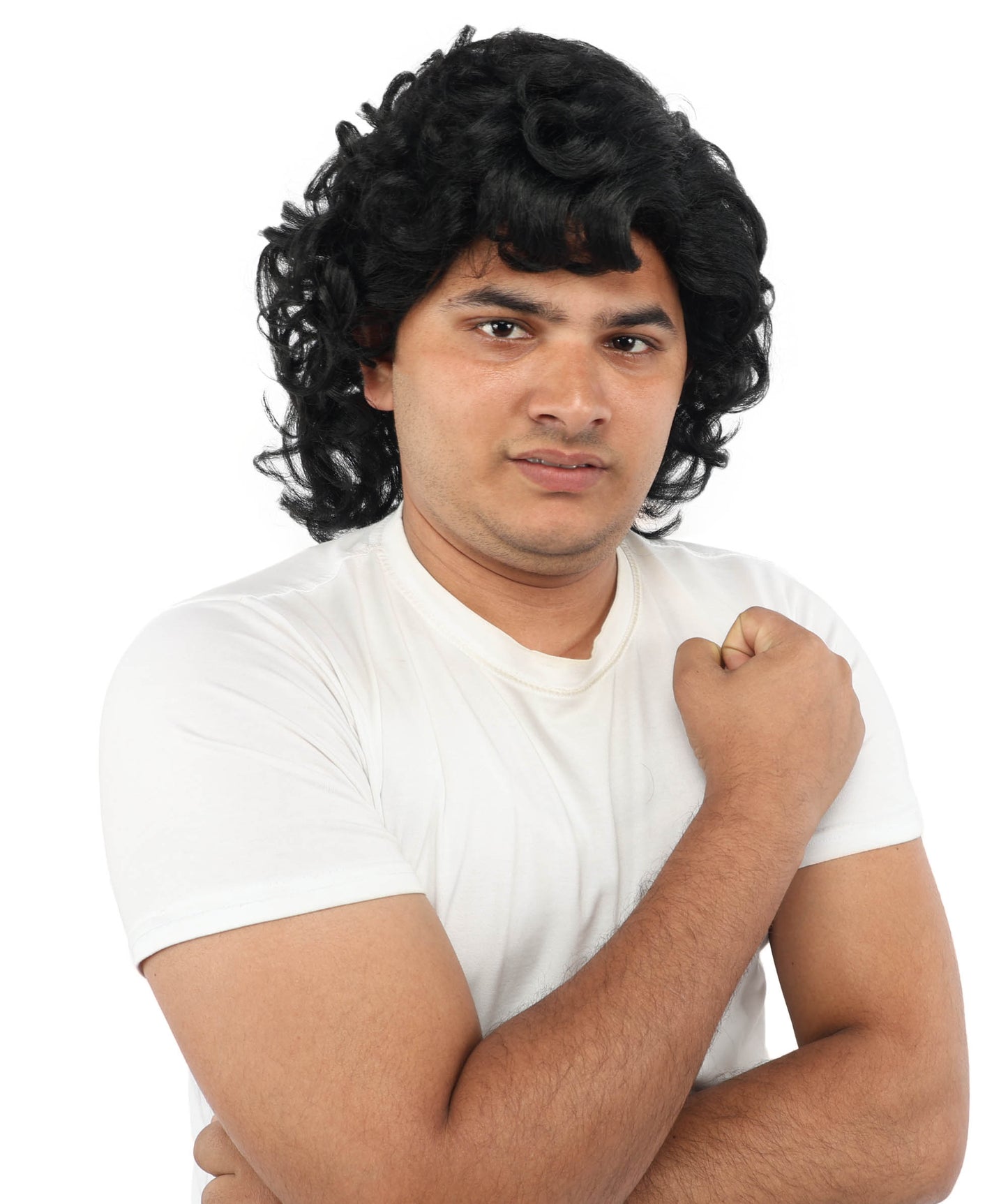 HPO Men’s 80s Light Brown Curly Mullet Wig | Flame-retardant Synthetic Fiber | Retro Movie Character Inspired Hairpiece for Cosplay & Halloween