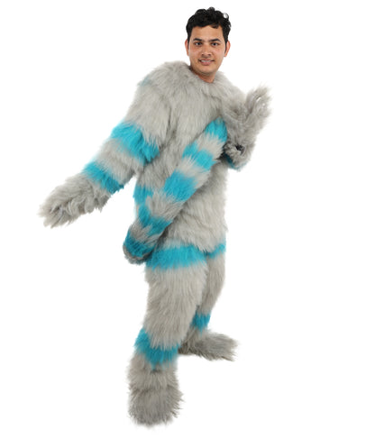 HPO Unisex Cat Mascot Aqua Blue & Ash Grey Animal Costume Bundle & Mask Set with Cap & Cloth – Striped Cartoon Character Body Suit | Outfit for Cosplay & Parties
