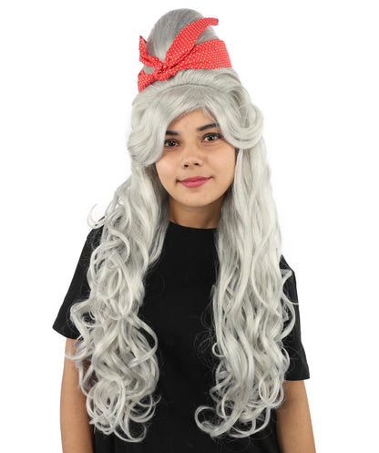 HPO Women’s Retro Beehive Wig with Red Bow | Multicolor Options | Extra Long Wavy Fancy Dress Accessory | Fancy Dress Accessory | Celebrity-Inspired Hair for Halloween, Cosplay & Music Tribute Parties