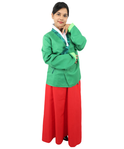 HPO Women’s Anime Herbal Maid Red & Green Costume | Traditional Long Dress with Apron & Waist Bow | Cosplay Outfit for Halloween, Conventions, Stage & Roleplay