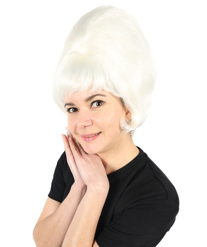Women's Short and Groovy 60's Beehive Wig, 10" Inches Pure White Updo with Bangs Hair | HPO