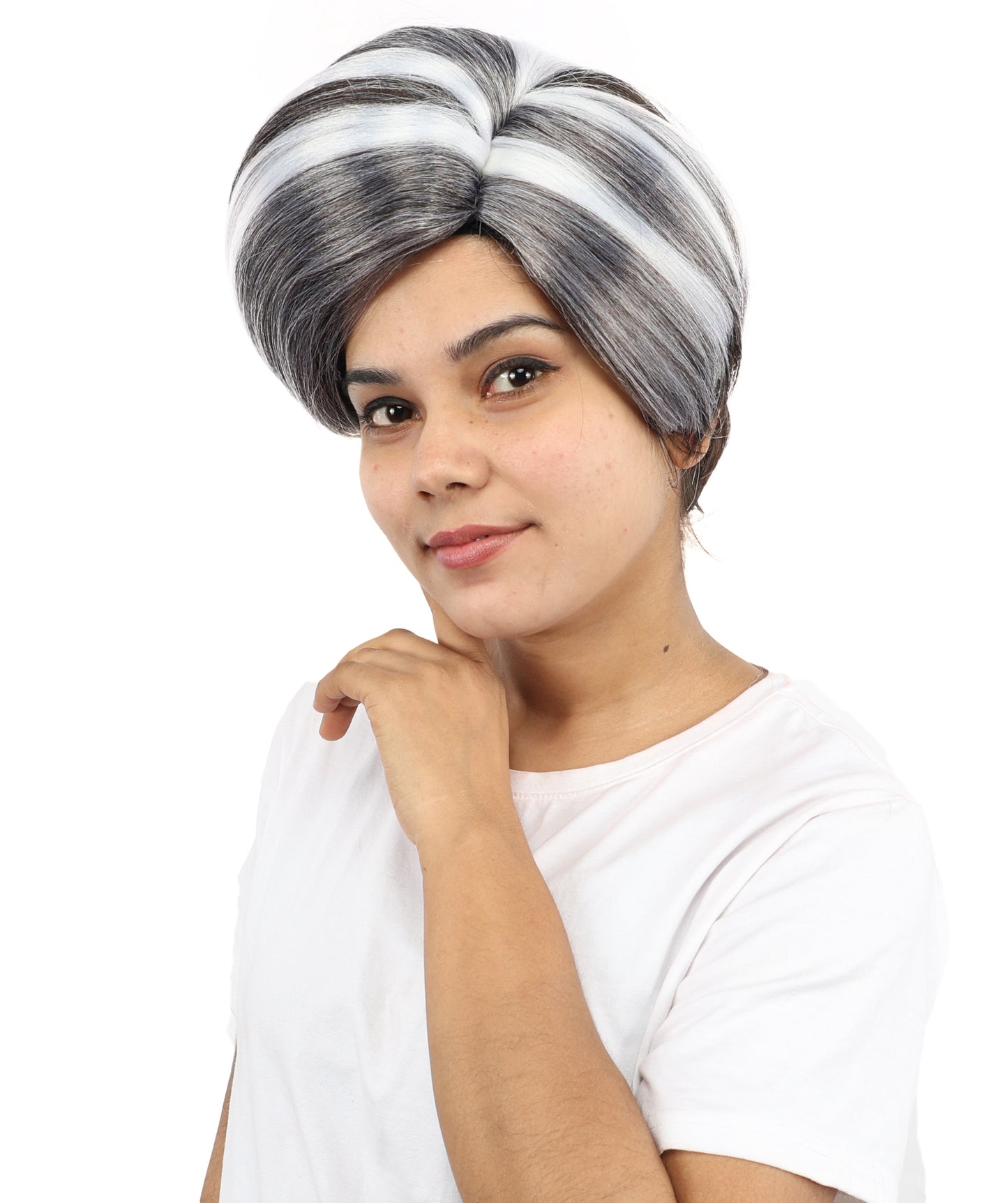 HPO Women's Short Asymmetrical Pixie Multicolor Wig | Slate Grey Side Swept Bangs with Tapered Nape, Heat Resistant Synthetic Fiber & Breathable Cap | Halloween, Sci-Fi Events, Roleplay, Theater & Costume Parties