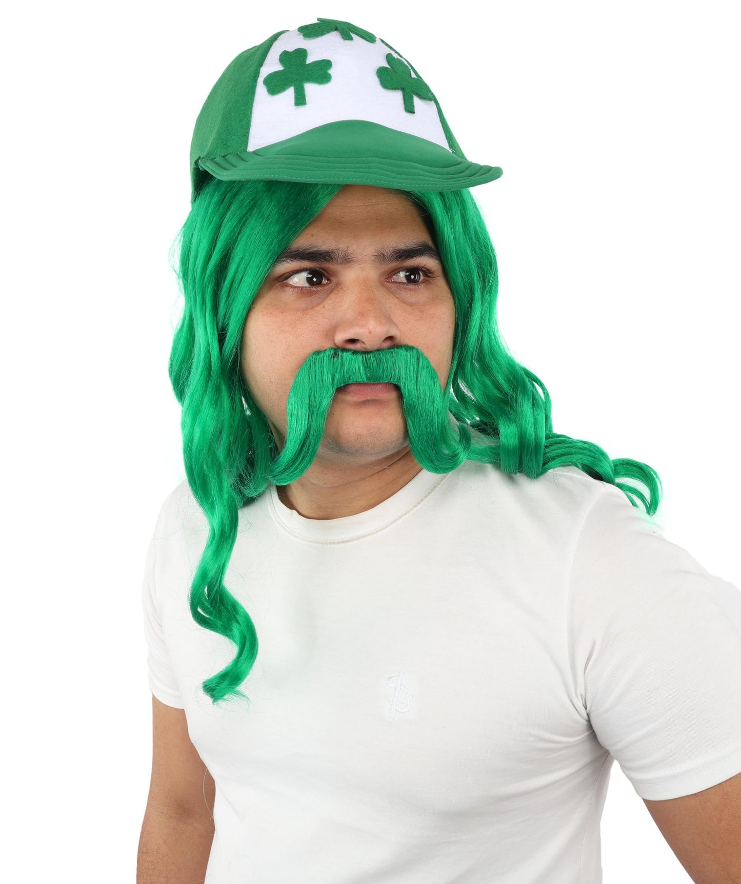 Green Mullet Hair Hat Wig & Mustache Set for Men | Synthetic Retro Punk Hairstyle | Wigs for Cosplay, Halloween, Parties & Roleplay