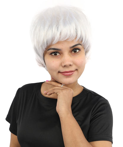 HPO Women's Short Silver White Pixie Wig  | Edgy Layered Cut with Bangs | Synthetic Hair Wig for Stage Fashion, Cosplay, Halloween & Bold Party Looks
