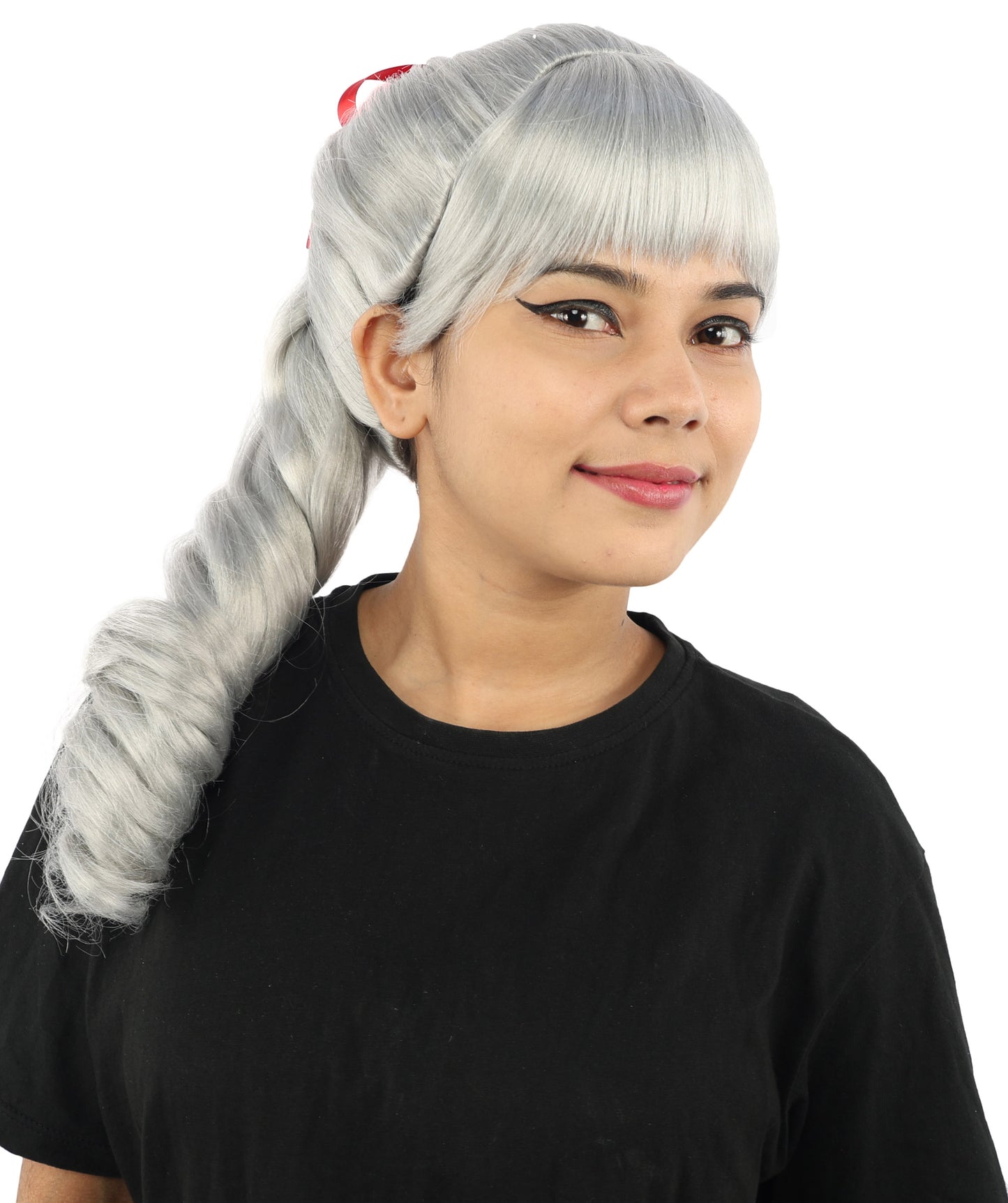HPO Women's Spiral Ponytail Wig | Multicolor Options | High Updo with Red Ribbon Bow & Bangs, Heat Friendly Synthetic Fiber & Breathable Cap | Halloween, Christmas Event, Themed Party, Theater & Roleplay