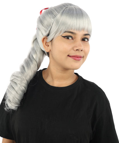 HPO Women's Spiral Ponytail Wig | Multicolor Options | High Updo with Red Ribbon Bow & Bangs, Heat Friendly Synthetic Fiber & Breathable Cap | Halloween, Christmas Event, Themed Party, Theater & Roleplay