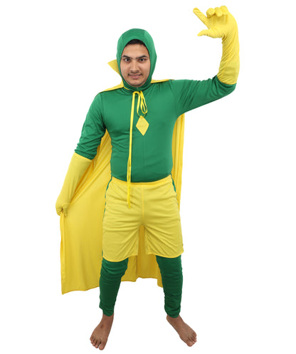 HPO Men's Cosplay Green & Yellow Costume - Red Cloak, Top, and Pants Full Set for Adults, Perfect for Themed Events