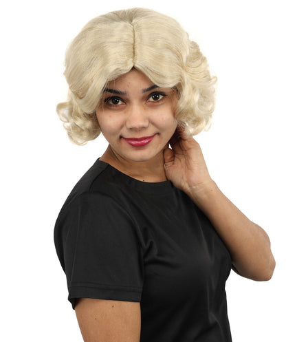 HPO Women’s Medium Length Blonde Curly Retro Wig – 11 Inch Retro Vintage Style Wig with Waves | Inspired by Timeless Music Star Look for Halloween and Cosplay