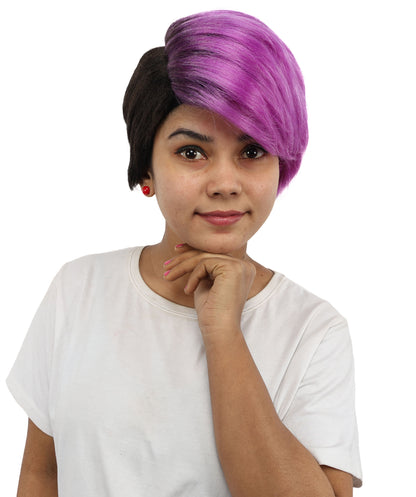 HPO Women’s Short Straight Bob Black & Purple Wig | Sleek Chin Length Hair for Halloween & Cosplay | Bold Color Style Fantasy Looks for Party Events