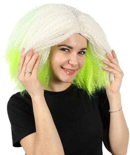 HPO Women’s Gothic Ghost-Inspired White and Neon Green Crimped Wig with Volume and Texture | Synthetic Hairpiece for Halloween, Cosplay & Themed Parties |Flame-retardant Synthetic Fiber