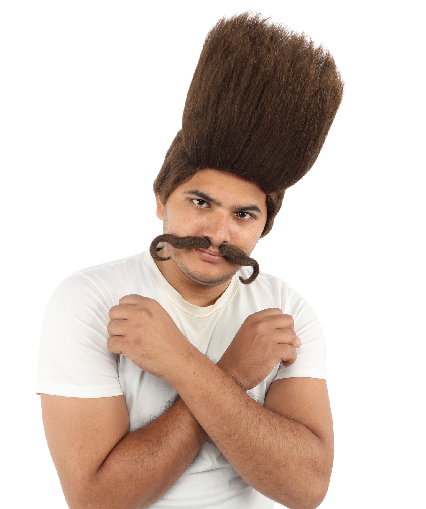 HPO Adult Men's Tall Flat Top Wig and Mustache | Vertical Dark Pompadour with Long Handlebar Facial Hair, Synthetic Fiber & Breathable Net | Halloween, Carnival, Stage Performance & Roleplay