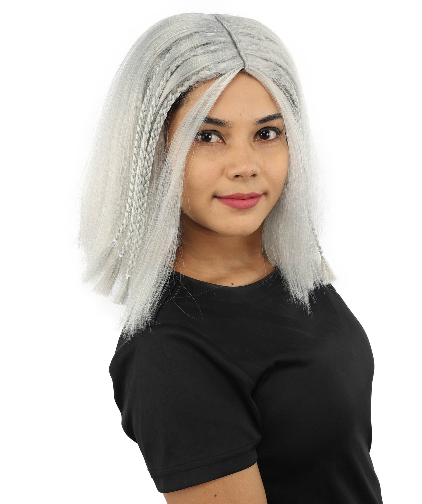 HPO Celebrity-Style 11 Inch Green Rooted Blonde Front Braided Straight Wig | Shoulder-Length Fun, Bold, and Stylish Hairpiece  | Ideal for Halloween, Cosplay, and Themed Parties