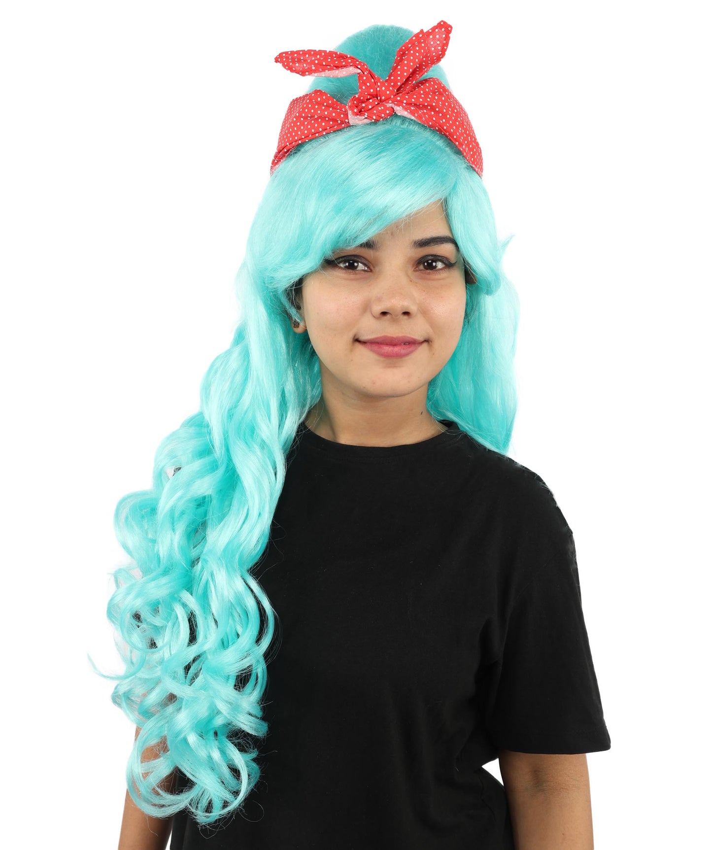 HPO Women’s Retro Beehive Wig with Red Bow | Multicolor Options | Extra Long Wavy Fancy Dress Accessory | Fancy Dress Accessory | Celebrity-Inspired Hair for Halloween, Cosplay & Music Tribute Parties