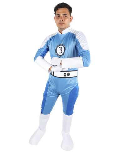 HPO Men’s Ultimate Sci-Fi Team Blue and White Costume | 3-in-1 Jersey Dress with Hand Gloves | 66.5" Length Futuristic Cosplay Outfit