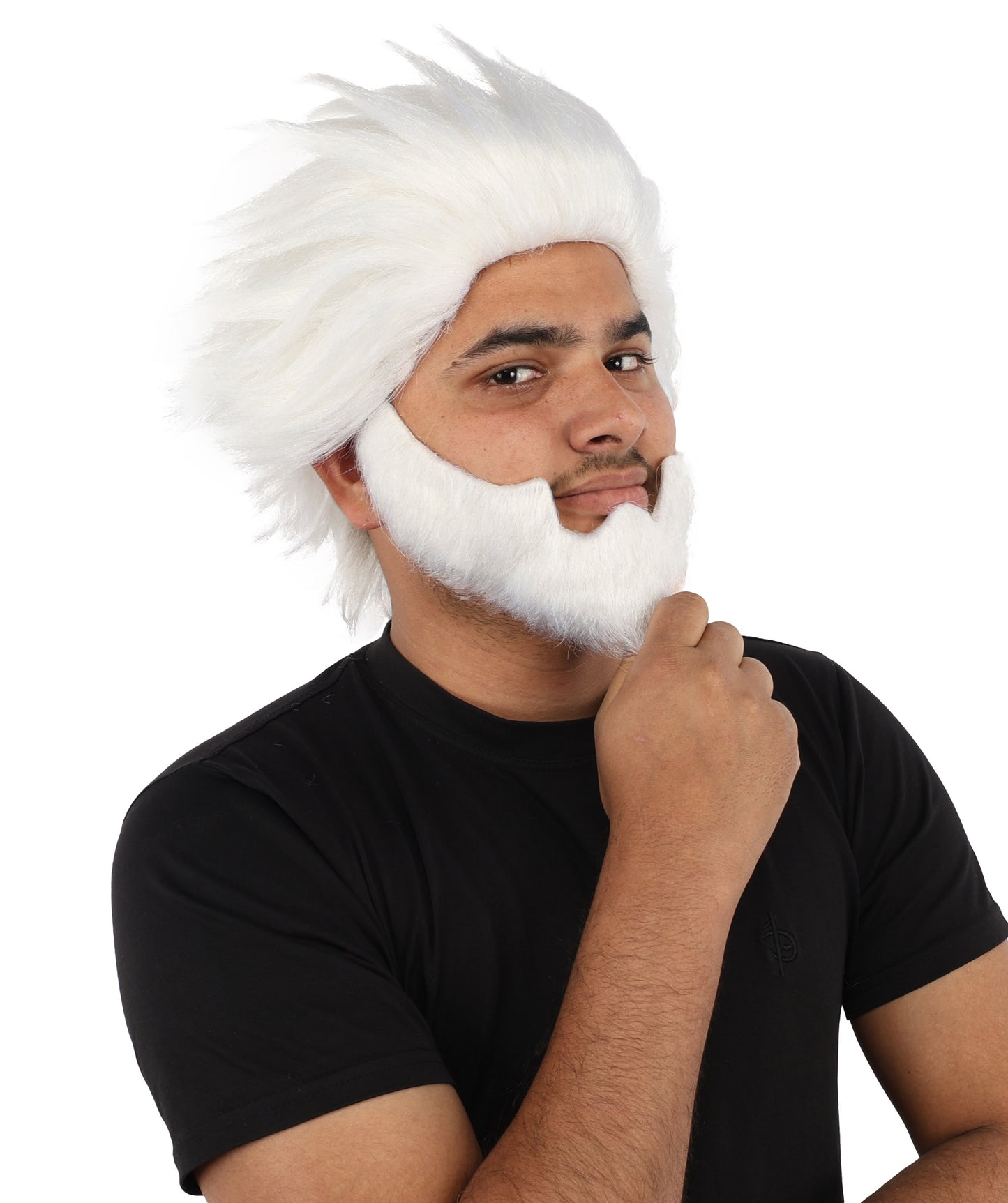 HPO Men’s 11-Inch White Spiky Wig with Beard Set |  Ideal for Cosplay, and Themed Events | Bold Style for Fun and Creative Looks