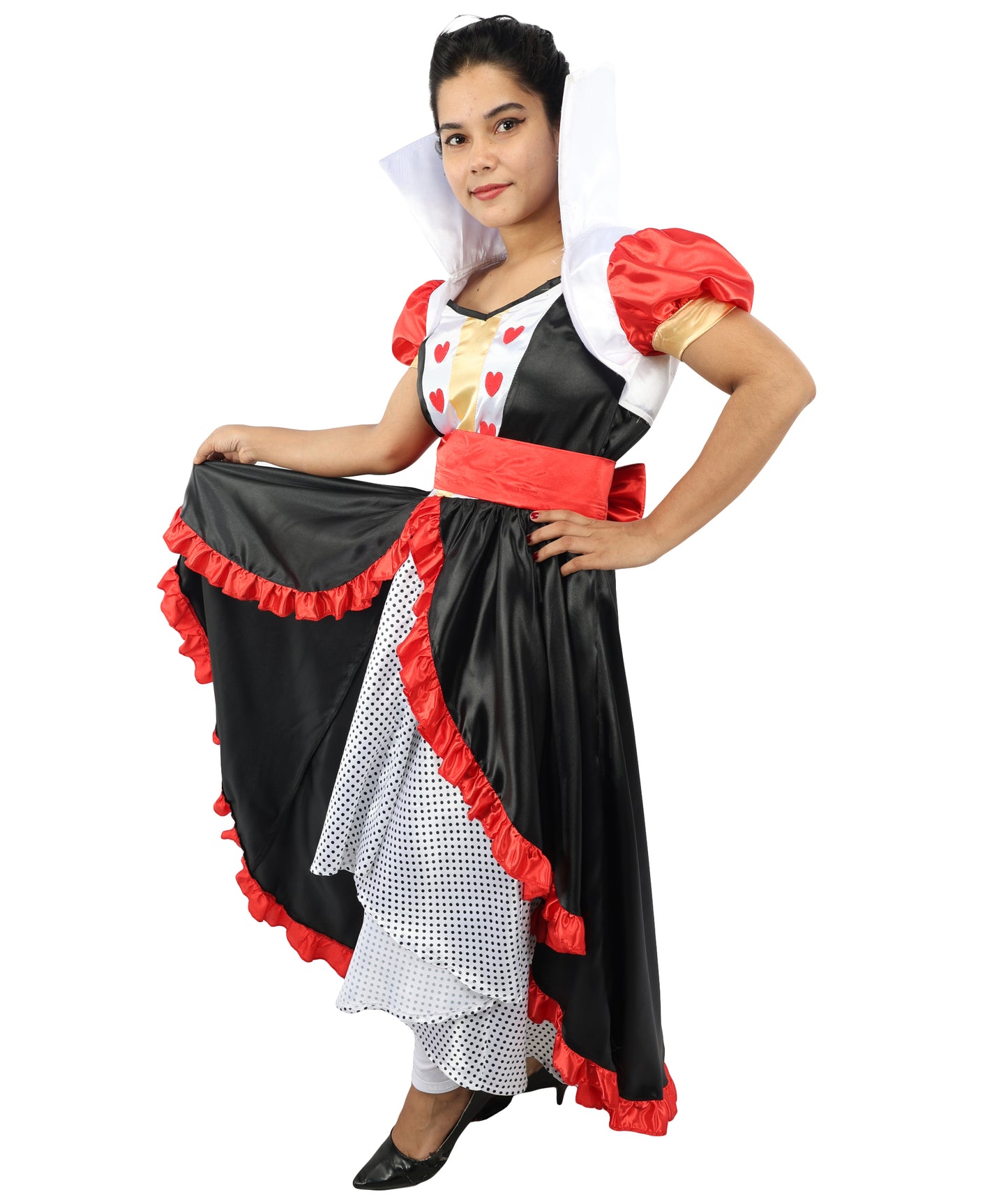 HPO Women’s Flirty Queen of Hearts Costume | Red, Black & White Dress with Crown Headband | Halloween, Cosplay, Stage Performances & Parties