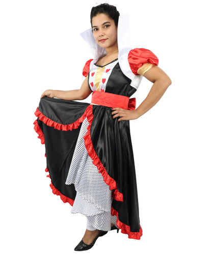 HPO Women’s Flirty Queen of Hearts Costume | Red, Black & White Dress with Crown Headband | Halloween, Cosplay, Stage Performances & Parties