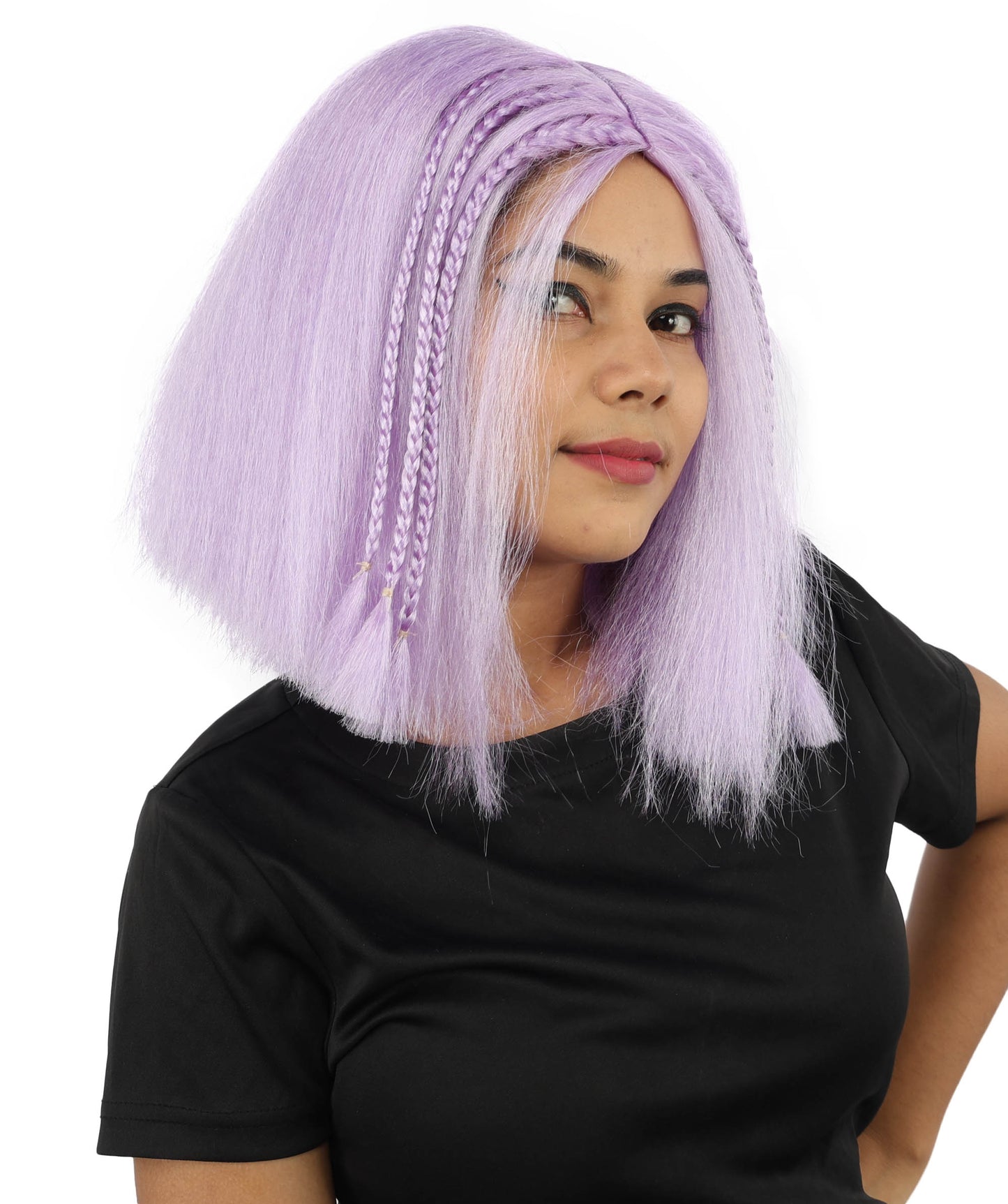 HPO Celebrity-Style 11 Inch Green Rooted Blonde Front Braided Straight Wig | Shoulder-Length Fun, Bold, and Stylish Hairpiece  | Ideal for Halloween, Cosplay, and Themed Parties