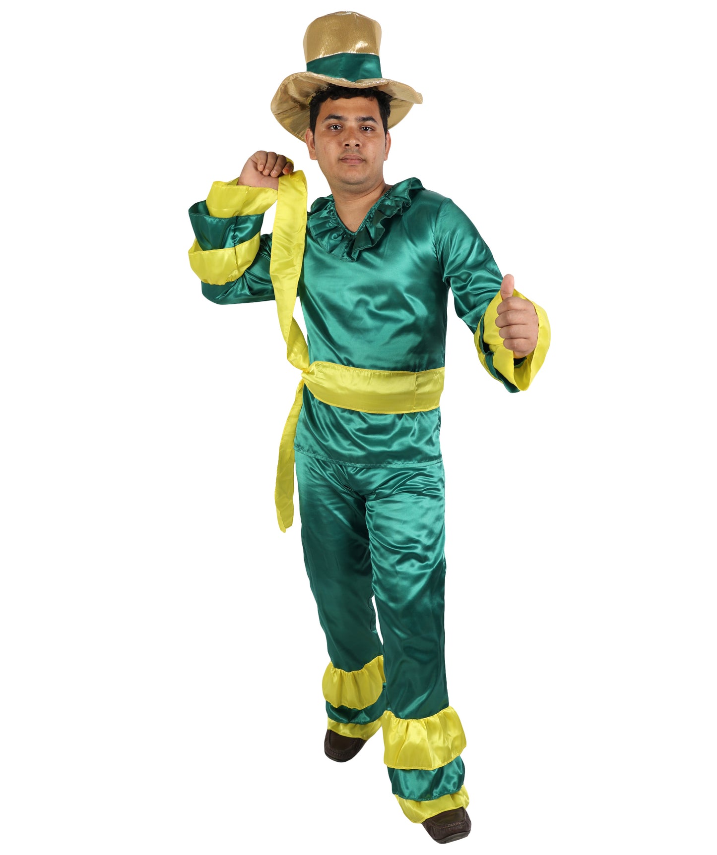 HPO Men's Rumba Dancer Costume | Vibrant Green and Yellow Tiered Ruffle Tunic Flared Jumpsuit Matching Straw Hat | Halloween Cosplay Theater Drag Performance Costume Events