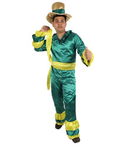 HPO Men's Rumba Dancer Costume | Vibrant Green and Yellow Tiered Ruffle Tunic Flared Jumpsuit Matching Straw Hat | Halloween Cosplay Theater Drag Performance Costume Events