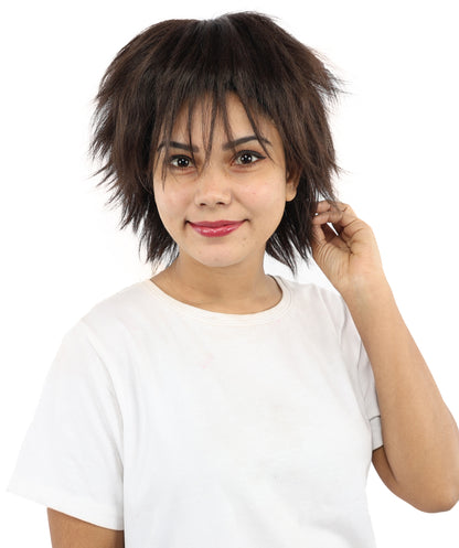 HPO Women's Spiky Layered Short Anime Wig – 12 Inch Natural Dark Brown Messy Wig with Capless Cap Design | Flame-retardant Synthetic Fiber for Costume, Halloween, Parties & Events