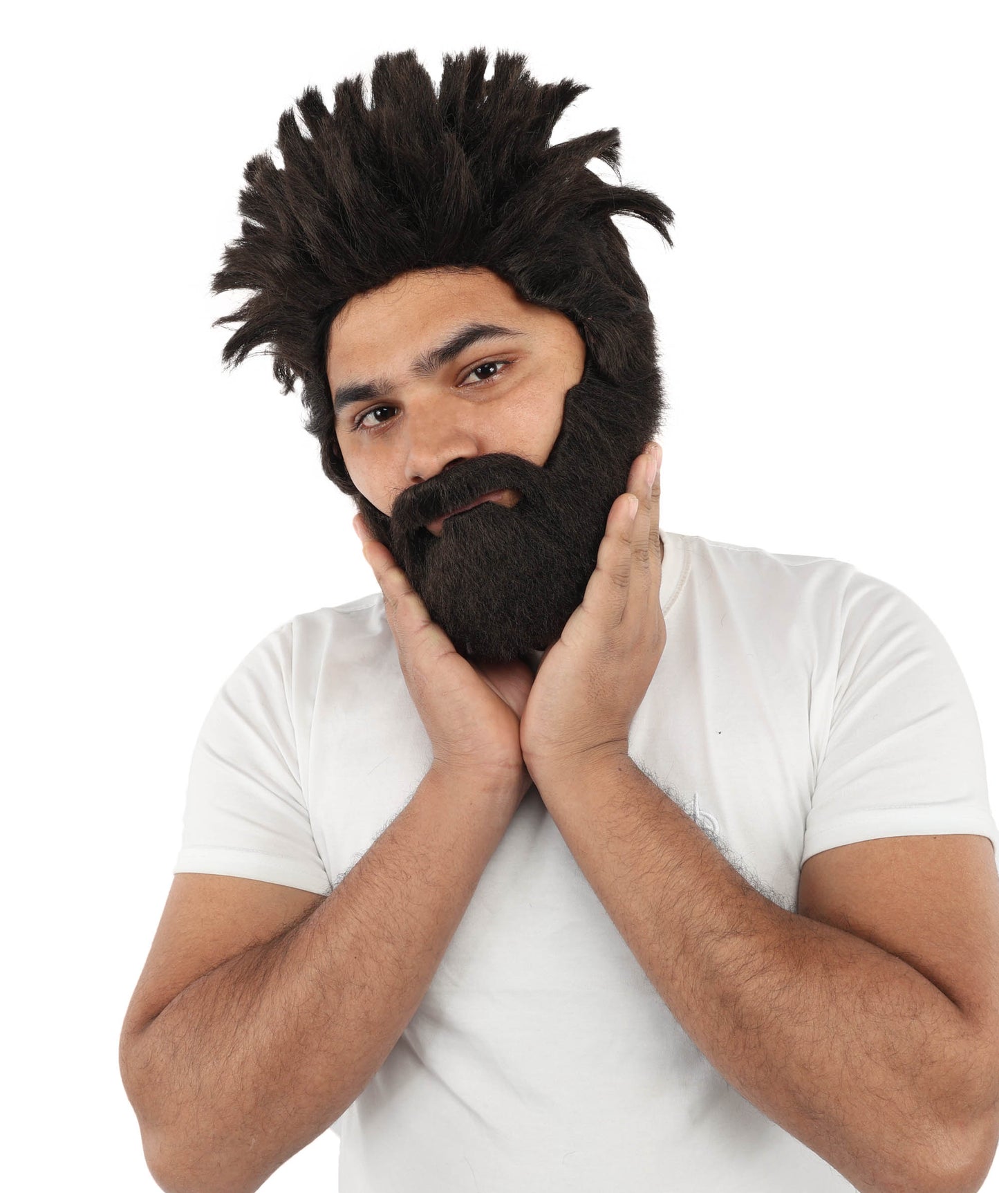 HPO Men’s Animated Genius Spiky Wig Beard & Mustache Set  – Wild Mad Scientist Pointed Beard & Curled Mustache Combo | Ideal for Animated Cosplay, Halloween Parties & Events