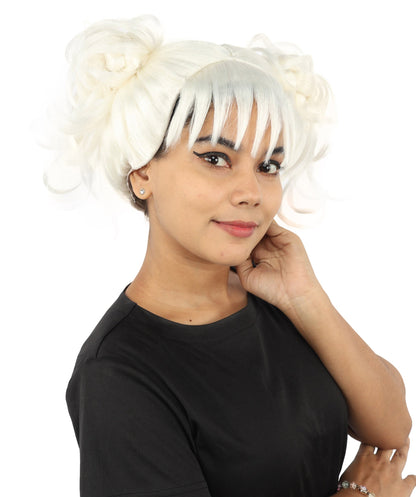 HPO Adult Women’s Messy Twin Bun Wig with Graphic Bangs | Multiple Color Options | Edgy Wig for Cosplay, Fashion Events, Halloween & Stage Wear | Adjustable Cap, Lightweight Synthetic Fiber