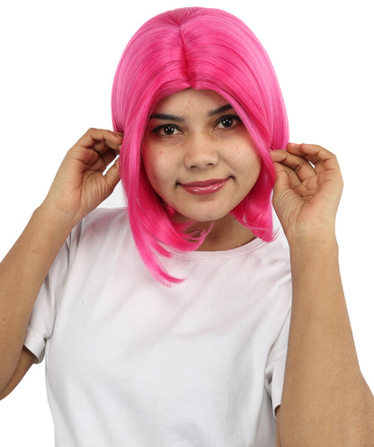 HPO Women’s Straight Pink Bob Wig – 10 Inch Chin-Length with Middle Part | Flame-retardant Synthetic Fiber for Halloween, Cosplay, Party & Festival Use