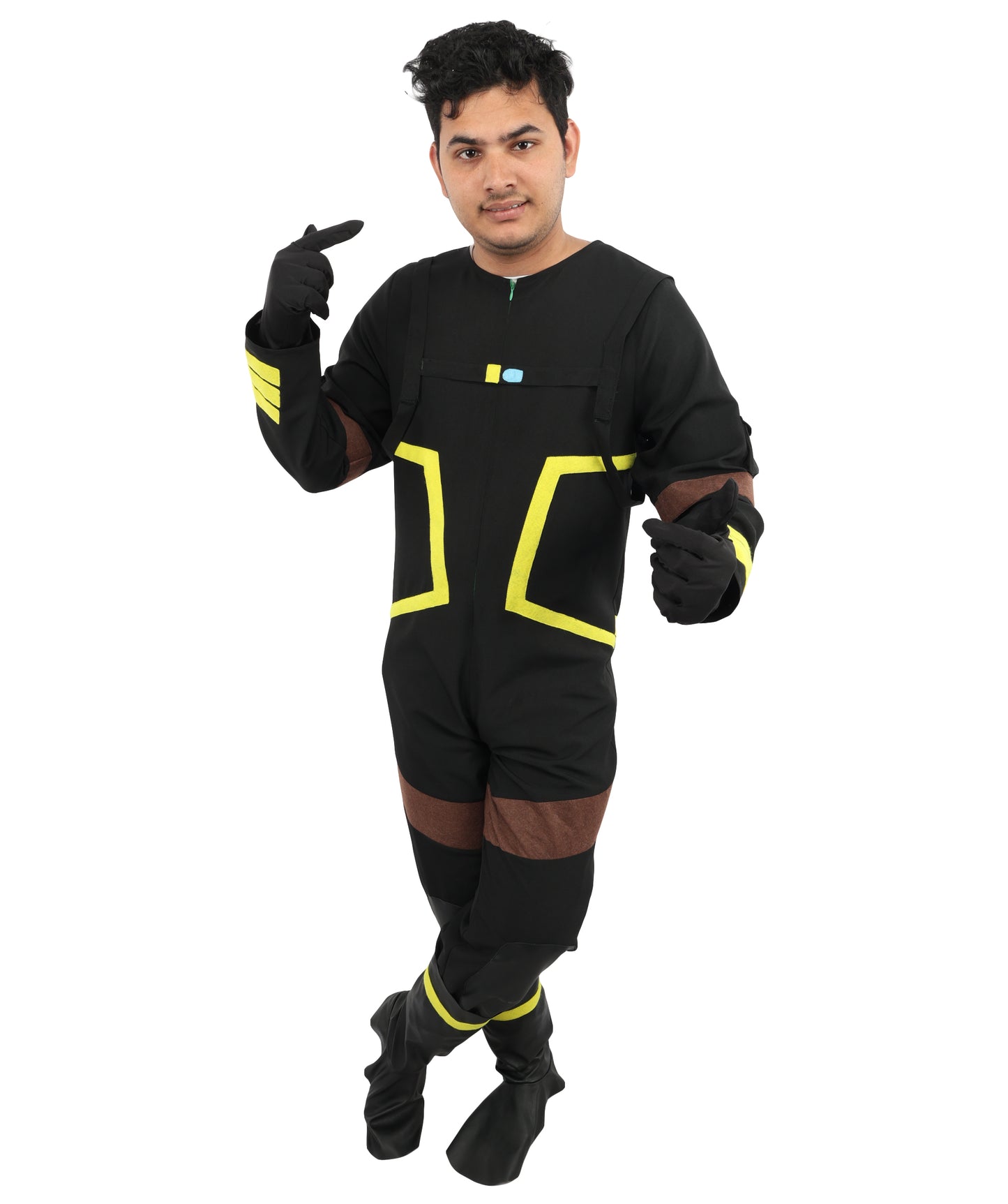 HPO Men's Deep Space Explorer Black Jumpsuit | Reflective PVC and Jersey Construction with Matching Hand Gloves and Leg Socks | Ideal for Cosplay, Halloween, Drag, and Galactic Theater Performances