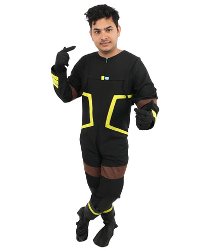 HPO Men's Deep Space Explorer Black Jumpsuit | Reflective PVC and Jersey Construction with Matching Hand Gloves and Leg Socks | Ideal for Cosplay, Halloween, Drag, and Galactic Theater Performances