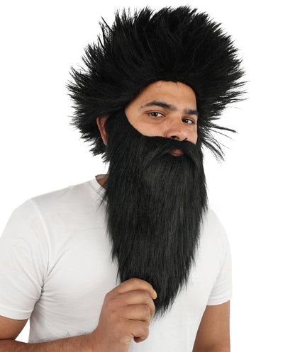 HPO Giant Wildman Wig Beard & Mustache Set | Black Frizzy Voluminous Hair Medium Facial Hair | Party Halloween Cosplay Theater Drag Performance Costume Events