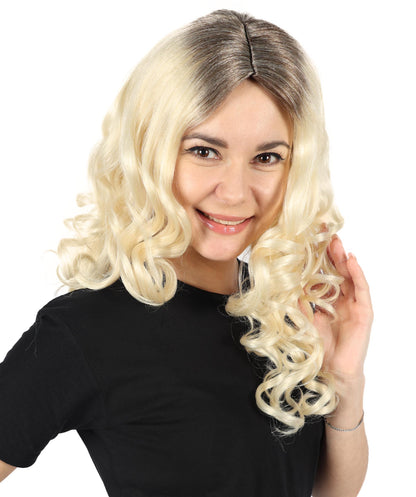 HPO Women's Sabrina Carpenter-Inspired Platinum Brown and Blonde Wavy Wig for Glamorous Events Breathable Caples Cap Flame-Retardant Synthetic Fiber Hair