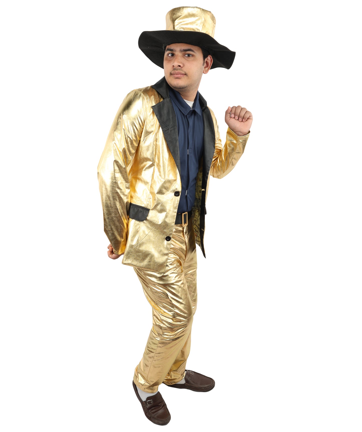 HPO Men's Metallic Gold & Black Pimp Suit | Shiny PVC and Satin Finish with Matching Hat T-Shirt and Belt | Ideal for Cosplay, Halloween, Drag, and 1970s Theme Performance Events