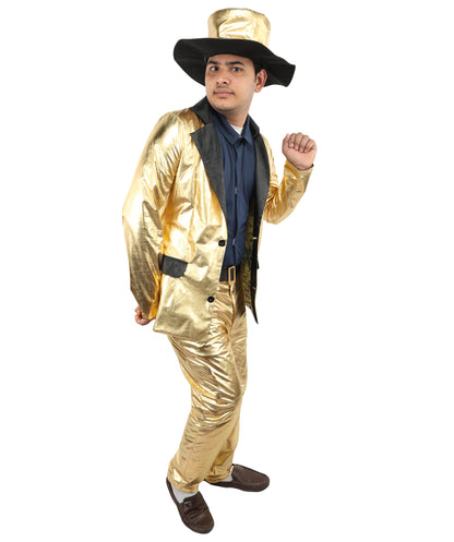 HPO Men's Metallic Gold & Black Pimp Suit | Shiny PVC and Satin Finish with Matching Hat T-Shirt and Belt | Ideal for Cosplay, Halloween, Drag, and 1970s Theme Performance Events