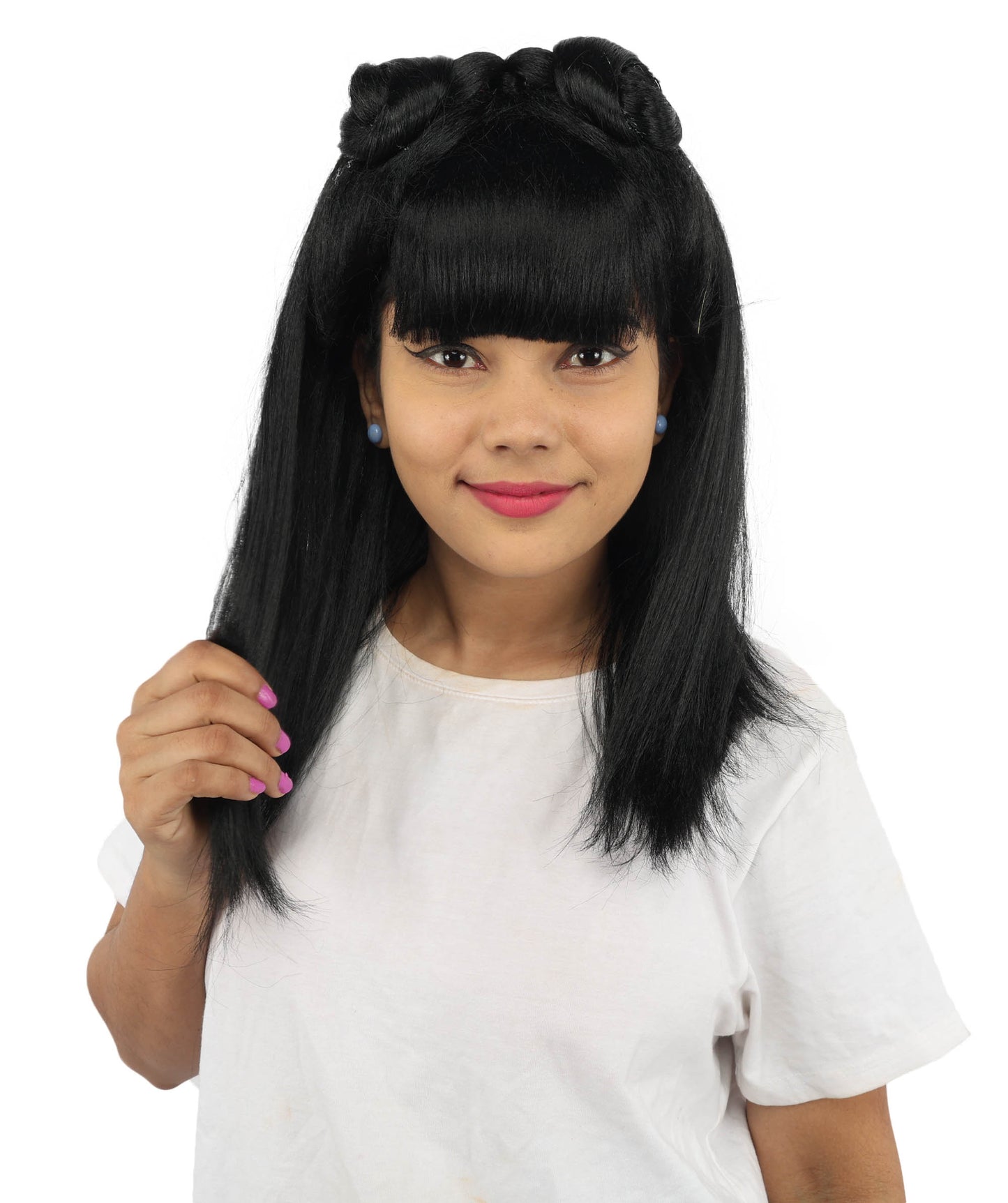 HPO Women's Brown & Pink Half Updo Bangs Wig | Create of synthetic fiber, blunt fringe with top bow, breathable base | Party, Halloween, theater, drag, performance, costume events