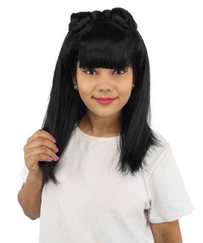 HPO Women's Brown & Pink Half Updo Bangs Wig | Create of synthetic fiber, blunt fringe with top bow, breathable base | Party, Halloween, theater, drag, performance, costume events