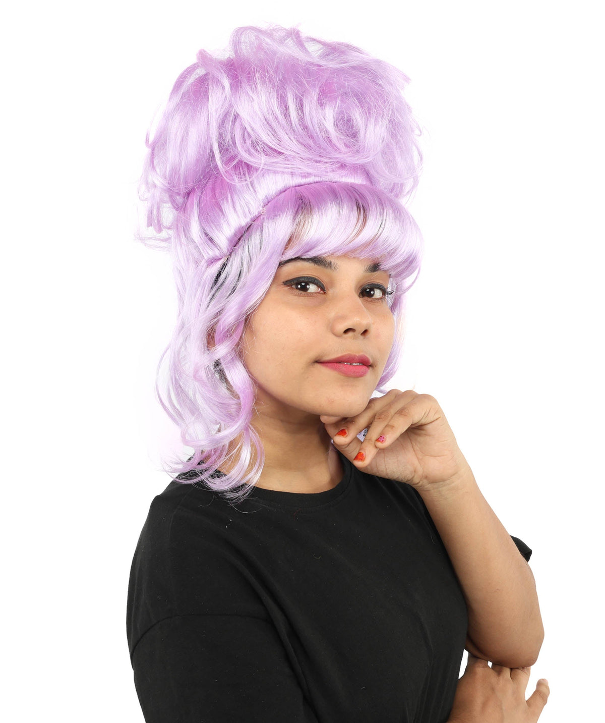 HPO Adult Women's Elegant Updo Tendril Wig | Multiple Color Options | Pastel peach hue, create of synthetic fiber, high teased volume with face-framing strands, breathable capless cap | Party, Halloween, theater, drag, performance, costume events