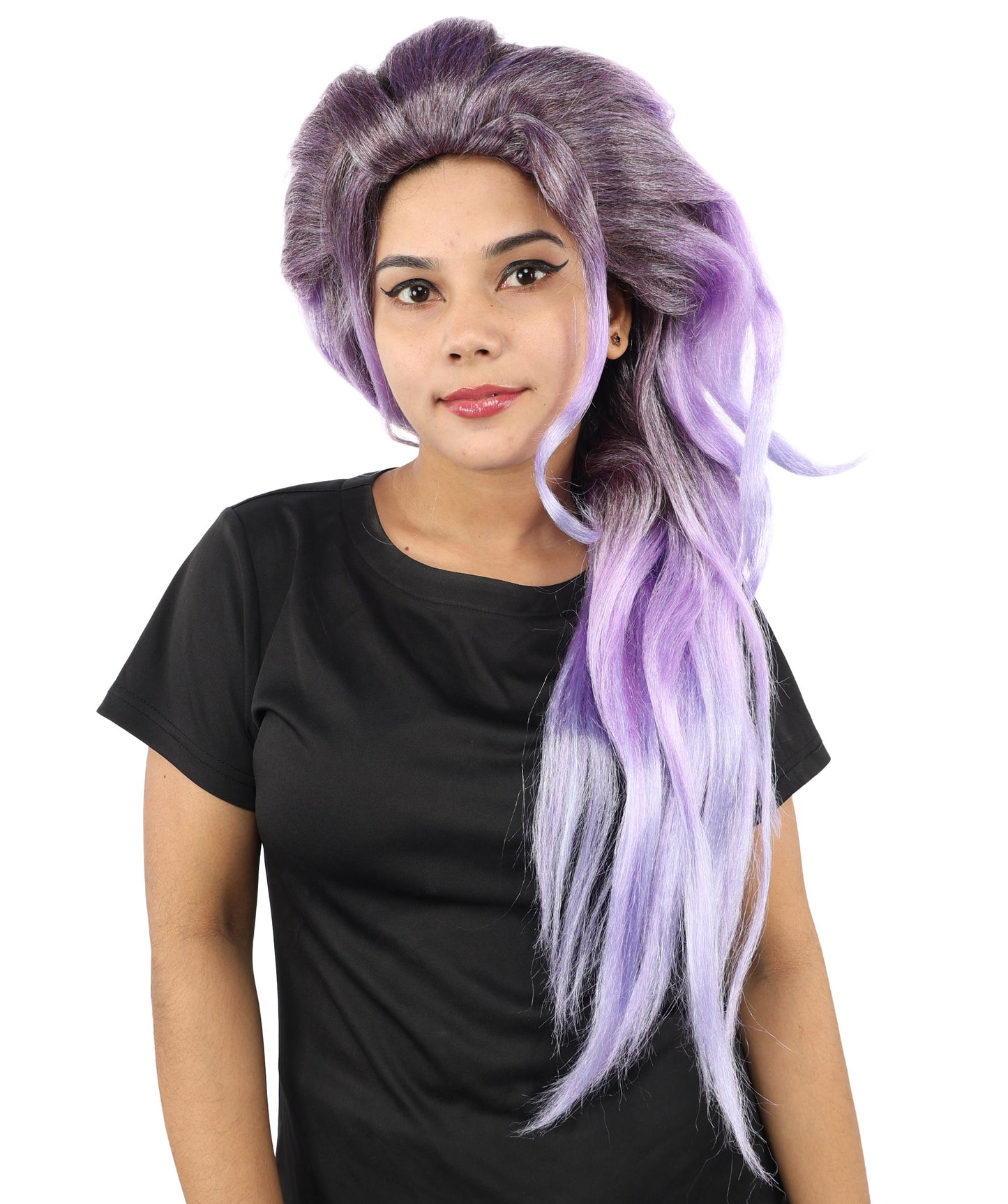 HPO Women's Long Wavy Fantasy Purple wig | Dark roots transitioning to luminescent blue tips, created of flame-retardant synthetic fiber, capless base | Theater stage, costume events, drag